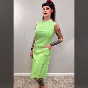 60s Lime Green Sheath Dress Kay Martin Chicago Scooter Mod MCM Rhinestone M